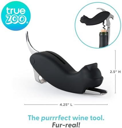 True Zoo Allie the Black Cat Corkscrew Wine Opener with Built-in Bottle Opener & Sharp Foil Cutter, Stainless Steel and Plastic, Home Bar, Kitchen, Travel, Novelty Gifts, Set of 1