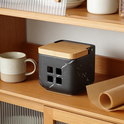 RQYIXI Ceramic Garlic Keeper with Bamboo Lid, Ventilated,Marble Black