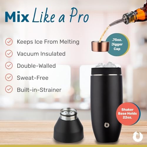 SNOWFOX Premium Vacuum Insulated Stainless Steel Cocktail Shaker, Home Bar Accessories, Elegant Drink Mixer, Lid With Jigger & Built In Strainer, Shimmer Gold, 22oz.