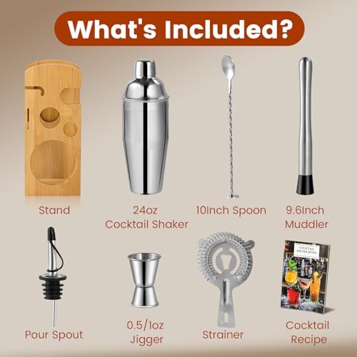 ZPUFAW 8-Piece Cocktail Shaker Set with Wooden Stand Bartender Kits Bar Set