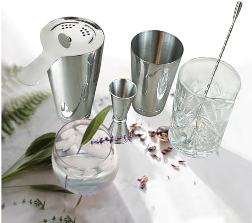 Lily's Home 6-Piece Boston Cocktail Shaker Set: Boston Shaker Cocktail Set,Mixing Glass, Mixing Spoon,Dual Sided Jigger and Stainer,for Home Mixology,Cocktail Lovers & Beginner