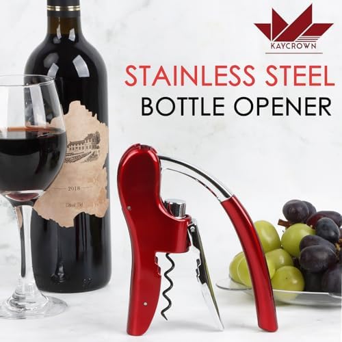 KAYCROWN Stainless Steel Wine Bottle Opener, Compact Vertical Lever Corkscrew with Foil Cutter and Extra Spiral, Manual Handheld Corkscrew with Ergonomic Lever Pump (Red)