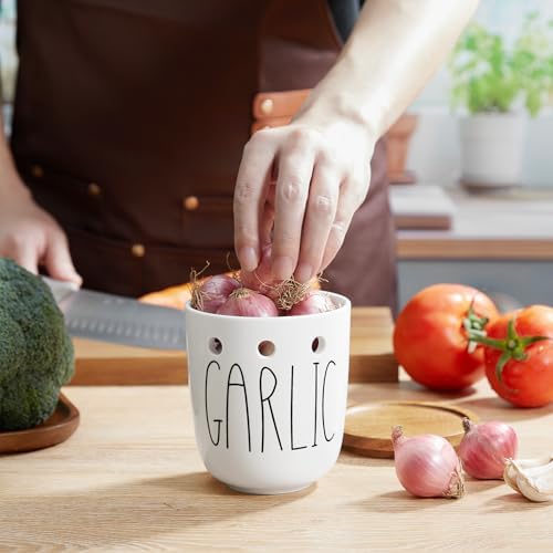 Ceramic Garlic Keeper for Counter, Garlic Holder with Acacia Wood Lid, Farmhouse Garlic Storage Container, Garlic Saver for Kitchen, White