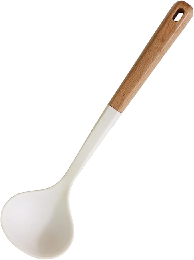 1pcs White Silicone Soup Ladle Spoon with Wooden Handle, Heat Resistant Cooking Utensils, Large Nonstick Serving Scoop for Sauce, Soup, Stew, Chili, Salad Dressing and Pancake Batter.