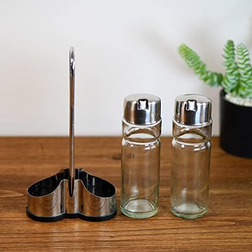 Oil and Vinegar Dispenser Set with Stainless Steel Holder,Clear Glass Olive Oil Dispenser Bottle