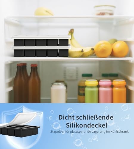 Ankway Upgraded Silicone Ice Cube Trays with Lid, 2 Pack Sturdy Ice Cube Moulds with Metal Frame, Food Grade, BPA Free, Super Easy-Release Ice Trays for Freezer, Whiskey, Cocktail and Drink