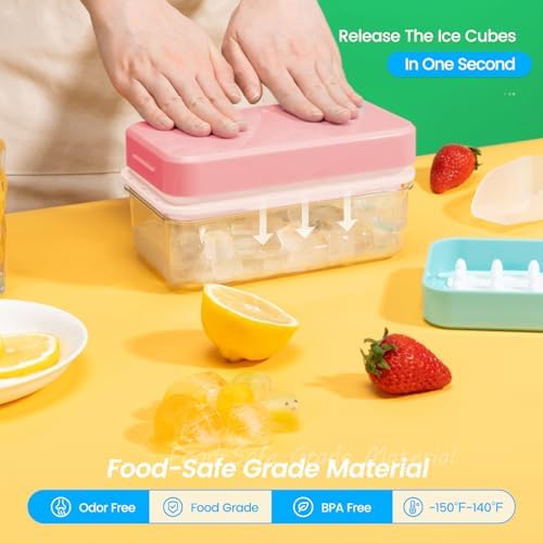 PHINOX Ice Cube Tray with Lid and Bin, Easy Release 56 Cubes for Freezer