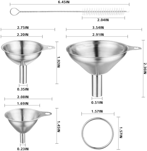Stainless Steel Funnels 3pc Small Medium Large Metal Funnels Set with 2 Cleaning Brushes for Liquids, Essential Oils, and Spices