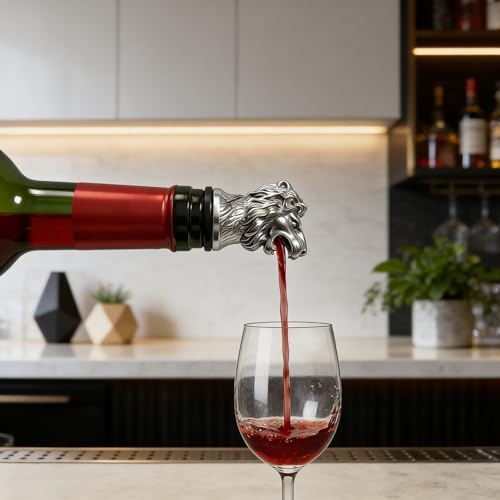 Lion Wine Pourer Aerator (Silver), Roaring Animal Bottle Pour Spout, Zinc Alloy Drip-Free Stopper Attachment for Men, Dad Gifts, Leo Zodiac, Bar Cart