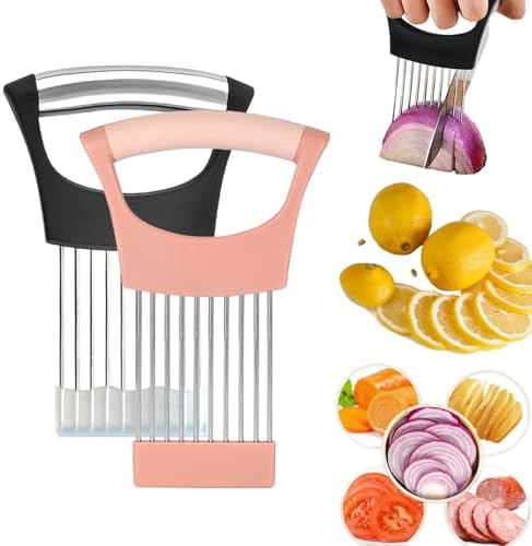 Upgraded Stainless Steel Lemon Slicer Onion Cutter, Onion Holder for Slicing, Vegetable Cutter Kitchen Chopper Slicing Assistant Tool for Potato and Tomato Avocados Eggs Meat (2, Black&Pink)