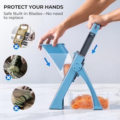 Safe Mandoline Slicer Multi Vegetable Chopper, Foldable 4 in1 Fruit Slicer Dice Strip Shred Veggie Cutter with 0-8mm Thickness Adjustable Built in Blades, Detachable Salad Chopper,110V