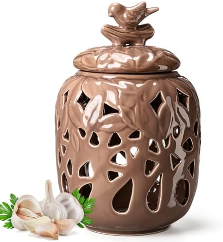 9.8" x 5.9" Large Ceramic Garlic Keeper for Counter, Ceramic Garlic Keeper with Lid Holder Storage Container to Keep Your Cloves Fresh Longer Garlics Saver for Kitchen