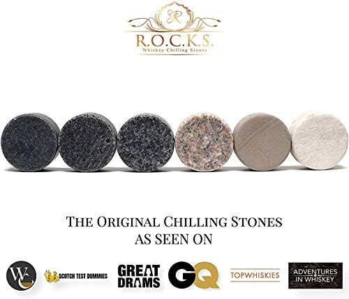 Whiskey Stones & Premium Crystal Nosing Glass Gift Set - 6 Handcrafted Granite Round Sipping Rocks - Tumbler for Whiskey, Scotch, Bourbon Tasting - Hardwood Presentation Tray - Gold Foil Box by Rocks