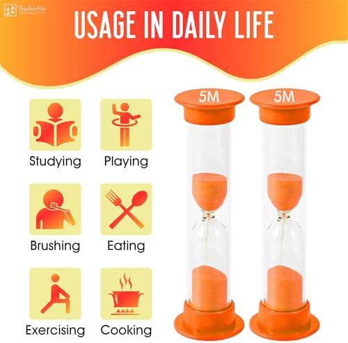 Sand Timer for Kids - 5 Minute Set of 4 Hour Glass - Orange Color- Acrylic Covered for Classroom, Home & Kids Room