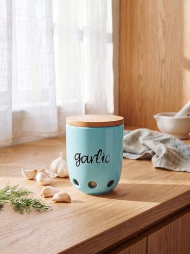 Ceramic Garlic Keeper for Counter with Wood Lid (Turquoise)