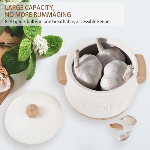 6.1' White Ceramic Garlic Keeper with Lid & Vent Holes for Counter
