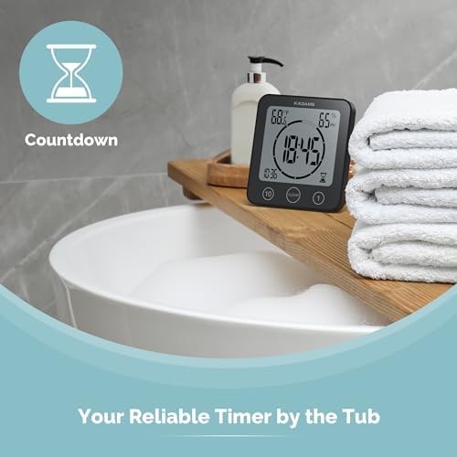 KADAMS Shower Clock Waterproof Bathroom Timer – Digital Wall Clock with Countdown, Magnetic Kitchen Clock with Temperature & Humidity, Suction Cup for Kids Shower Spa Cook Bath (Black)