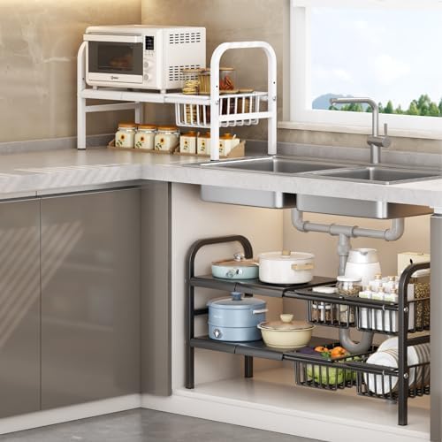 Under Sink Organizer，2 Tier Expandable Heavy Duty Metal Shelf，with 5 Removable Panels and 5 Storage Basket for Under Kitchen Bathroom Sink Organizers and Storage(Black, Large)