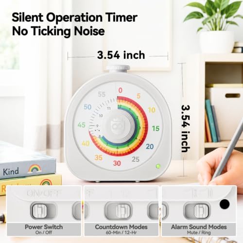 Visual Timer for Kids, Rechargeable Rainbow 60-Min/12-Hour Countdown, White