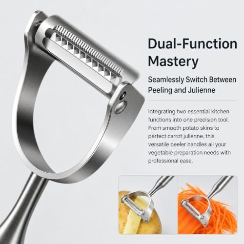 2-in-1 Julienne Peeler, Stainless Steel Multi-Functional Vegetable Peeler, Sharp Blade Cabbage Peeler Carrot Peeler with Non-Slip Extended Handle, Food Grade Kitchen Peeler for Fruit Vegetable Prep