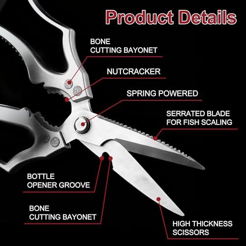 Heavy Duty Kitchen Scissors, Premium Stainless Steel Poultry Shears with Fish Scaler, Bottle Opener & Nutcracker, Multipurpose Straight Blade Food Shears for Chicken, Meat, Fish, Herbs