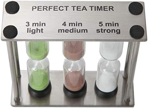 Lily's Home 3.75" Tall 3-in-1 Perfect Tea Timer, Includes 3, 4, and 5 Minute Sand Hourglass Timers, Use for Making Tea or Keeping Time Around The Kitchen, Brushed Stainless Steel Frame