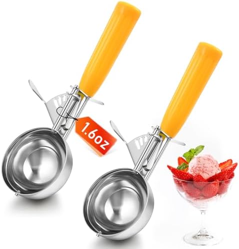 Reallnaive 2 Pcs Ice Cream Scooper with Trigger, 1.6 oz, Yellow