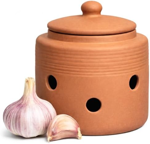 Garlic Keeper for Counter, Garlic Storage Container with Lid, Terracotta Garlic Holder to Keep Garlic Fresher Longer, 4.3 inches