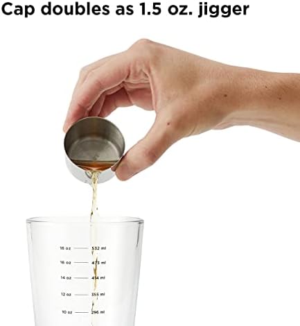 Rabbit 18 oz Glass Cocktail Shaker with Printed Measurements, Multi-Use Stainless Steel Topper with 1.5 oz Jigger Cap and Strainer, 3.94 x 3.54 x 9.06 IN