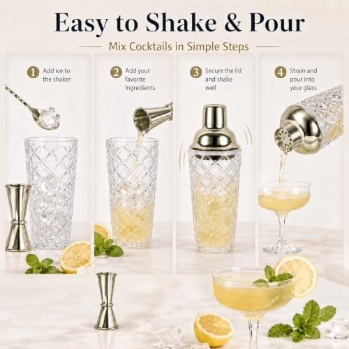 16 Oz Glass Cocktail Shaker Set with Built-in Strainer Crystal Cocktail Shaker with Gold Stainless Steel Lid, Bar Spoon Double Jigger, Drink Shaker for Martini, Margarita Mixed Drinks Home Bar Barware