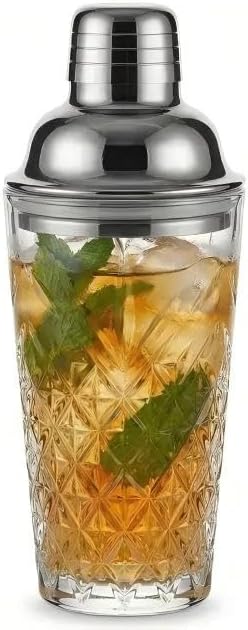 Elegant Glass Cocktail Shaker Set - Herringbone Design, 15oz Capacity, Leakproof Stainless Steel Top - Perfect for Bartending Enthusiasts