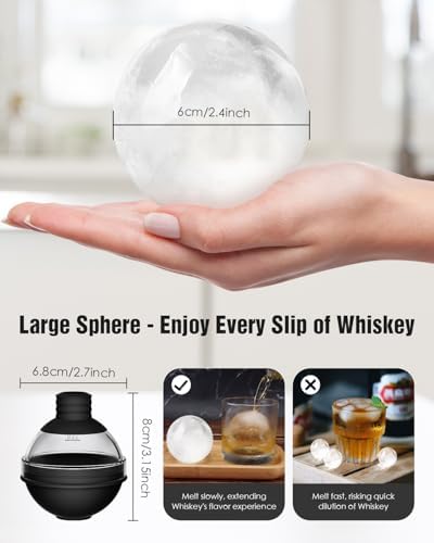 Large Ice Ball Molds for Whiskey & Cocktails with Funnel Lid - Big Sphere Ice Cube Trays for Drinks, Bourbon, and Wine, Silicone Round Ice Maker for Freezer (Set of 4) - Reusable Easy-Release Ice Tray