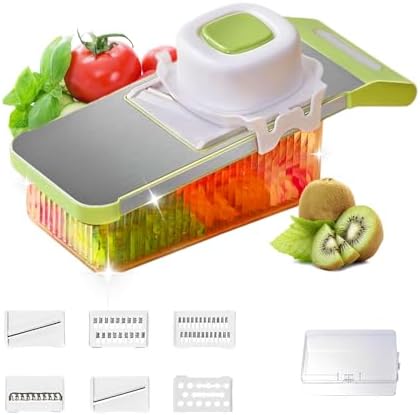 Multifunctional Vegetable Slicer, 6 in 1 Slicer Veggie Shredder with Safe Hand Guard, Multi Blade Adjustable Garlic Slicer, Easy-Clean & Compact Storage, Portable Kitchen Gadget (6 Blades Upgraded)