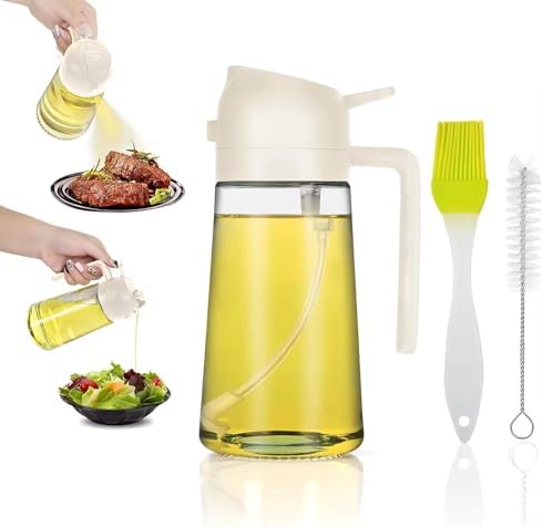 JAZZER Oil Dispenser Bottle - 2 in 1 Olive Oil Dispenser & Sprayer - 16oz/470ml - Kitchen, Cooking, Air Fryer, Salad, BBQ (with 2 Brushes) (White)