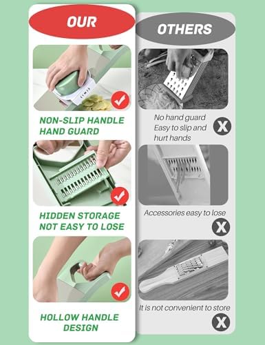 Vegetable Chopper, Mandoline Food Slicer Cutter with Handheld Container, 6 Blades and Blade Box, Cucumber Slicer, Magnetic Kitchen Tools for Veggie Potato Onion Carrot (Green(No magnet), 7 in 1)