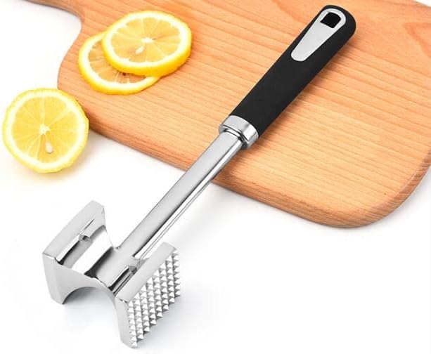 Meat Tenderizer Dual Hammer Function Pounder Tool with Textured Side and Flat Side For Tenderizing Steak Beef Poultry 10.8'' Length, Black and Silver