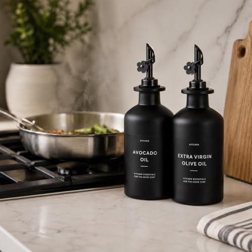 Olive Oil Dispenser for Kitchen, 2-Pack 12oz Black Glass Bottle with Labels