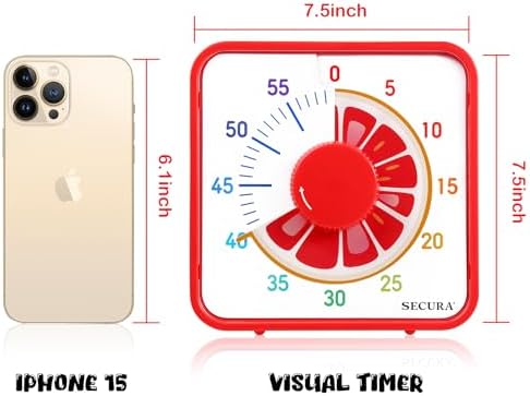Secura 7.5-Inch Fruit Visual Timer for Kids, 60-Minute Countdown Timer for Classroom or Kitchen, Durable Mechanical Timer Clock with Magnetic Backing (Grapefruit)