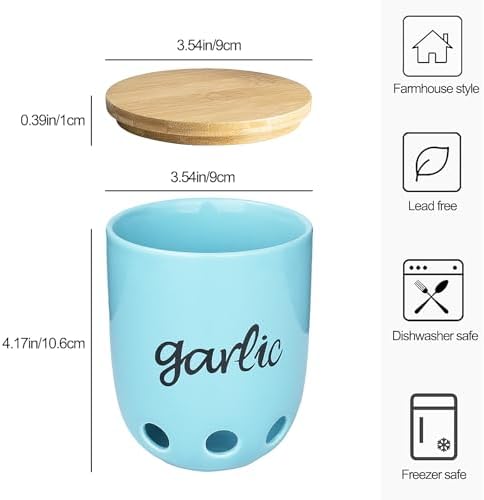 Ceramic Garlic Keeper for Counter with Wood Lid (Turquoise)