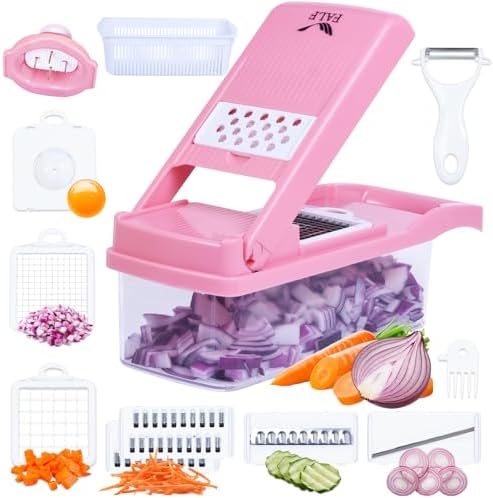 16-in-1 Vegetable Chopper & Mandoline Slicer with Container, Food Chopper, Onion Dicer, Cheese Grater, Vegetable Cutter for Potato, Carrot, Cucumber, Garlic, Meal Prep, Pink