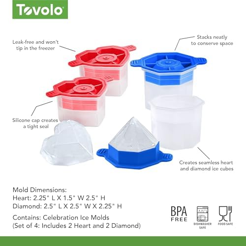 Tovolo Heart and Diamond Ice Cube Molds Set of 4 Large Craft Ice Molds for Whiskey Bourbon Cocktails, Easy Fill Stackable Silicone Ice Cube Trays with Leak Proof Lids Dishwasher Safe BPA Free