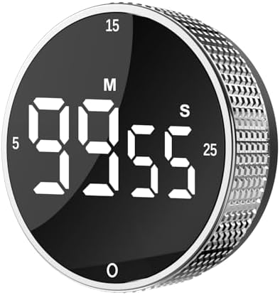 Digital Kitchen Timer - Magnetic Countdown Count Up Clock with Large LED Display, 5/15/25 Min Presets, 3 Volume Levels, Rotary Dial for Cooking, Productivity, Classroom, Fitness (1, Silver)