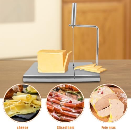 Stainless Steel Cheese Slicer Cutter with Wire - Adjustable Board & 6 Replacement Wires, Perfect for Cheese, Butter, Veggies & Sausage (Silver)