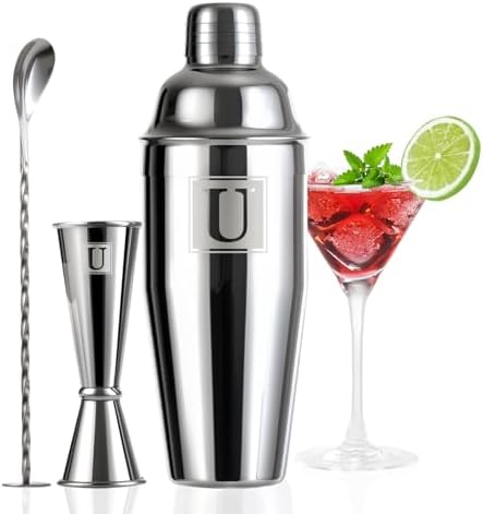 24oz Cocktail Shaker Set with 1 oz 2oz Jigger - Monogramm Initials Martini Shaker Set - 304 Stainless Steel Bar Shaker for Margarita,Mojito-Personalized Gift for Friend,Husband-U