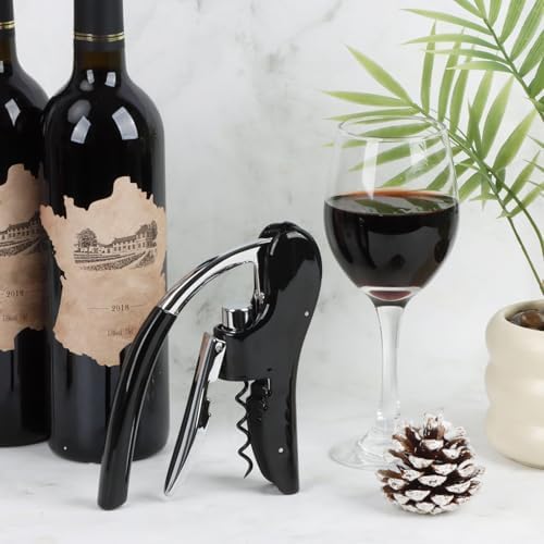 KAYCROWN Stainless Steel Wine Bottle Opener, Compact Vertical Lever Corkscrew with Foil Cutter and Extra Spiral, Manual Handheld Corkscrew with Ergonomic Lever Pump (Black)