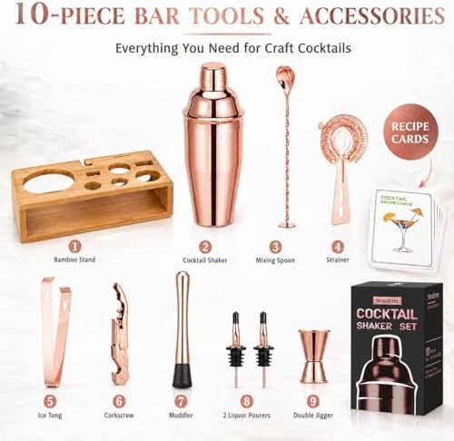 Rose Gold Cocktail Shaker Set, Premium 18/8 Stainless Steel Mixology Bartender Kit with Stylish Bamboo Stand 10-Piece Bar Tools & Accessories for Home Decor - Gift for Women, Mom, Wedding
