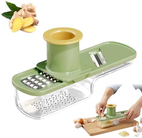 Manual Garlic Mincer, 3 in 1 Clear Manual Garlic and Garlic Slicer, Multi-Functional Garlic Press with Container Compact Garlic Mincer Tool, Ginger, Herbs Kitchen Gadget (Green)