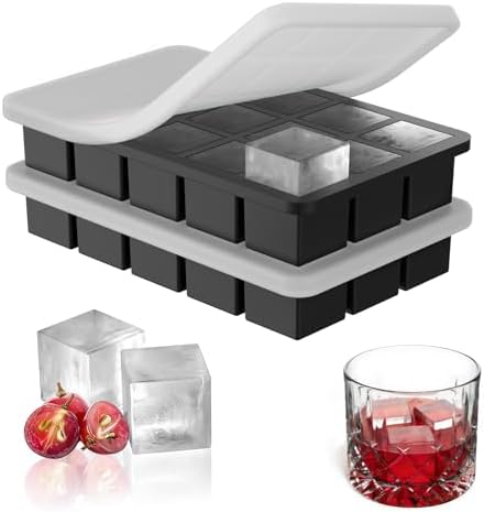1.3" Small Square Silicone Ice Cube Tray for Freezer, 15 Cavity Big Old Fashioned Ice Cube Mold for Whiskey,Craft Ice Cube Molds with Lid for Chilled Drinks, Cocktails, Whiskey,Bourbon-2 Pack