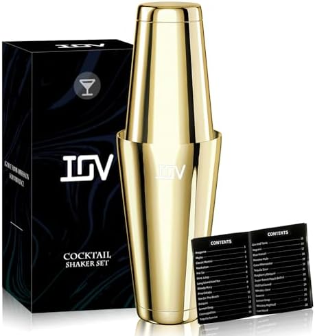 IOV Boston Cocktail Shaker Set, 18oz & 28oz Stainless Steel Weighted Shaker Tins, Metal Martini Drink Mixer for Bartending, Professional Bar Tools with Cocktail Recipe Guide, Gold