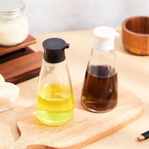 2 Pcs Glass Soy Sauce Dispenser Bottles, 9.6 oz Oil Cruet, Black, White